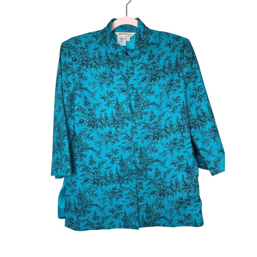 Norm Thompson Linen Blend Jacket Womens Medium Teal Blue Oriental Style Toggle